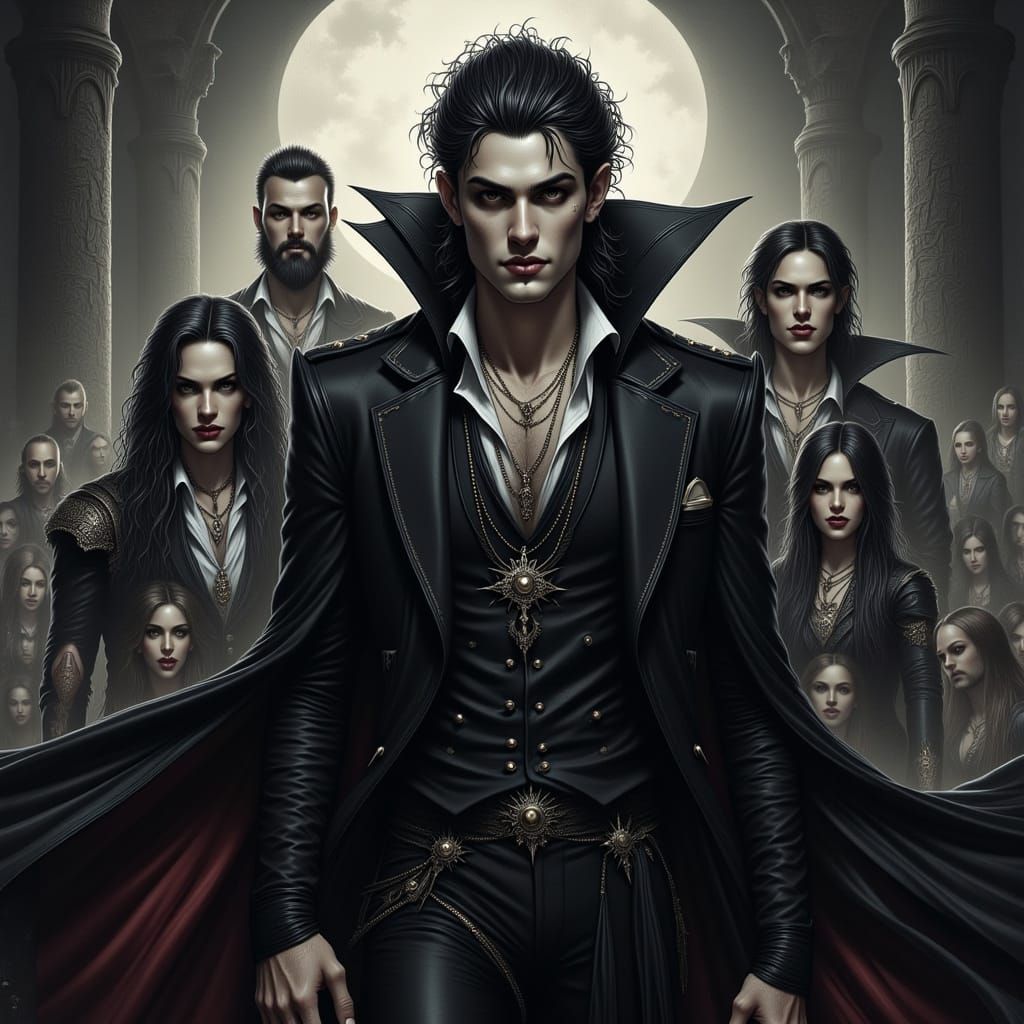 Ethereal Vampire Lord in Opulent Gothic Punk Attire