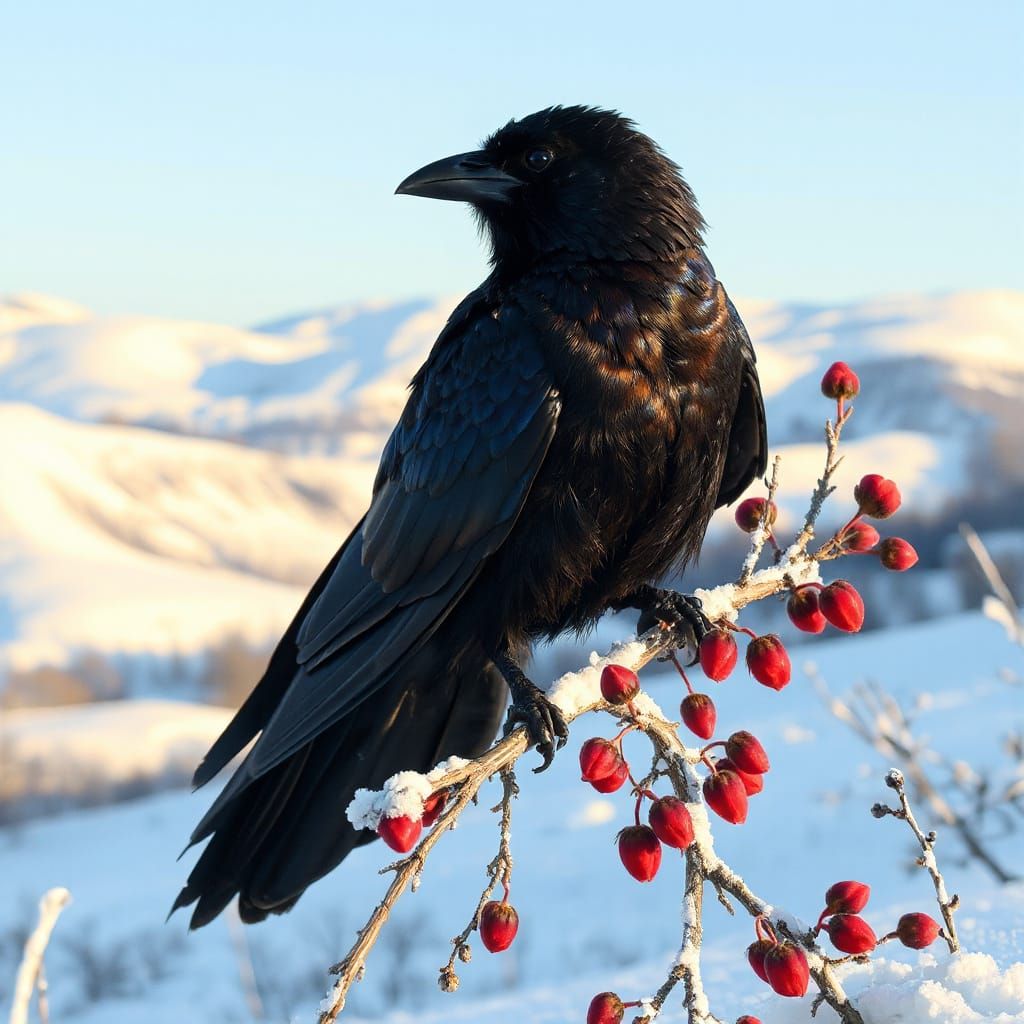 Majestic Crow in Snowy Landscape with Blooming Flowers