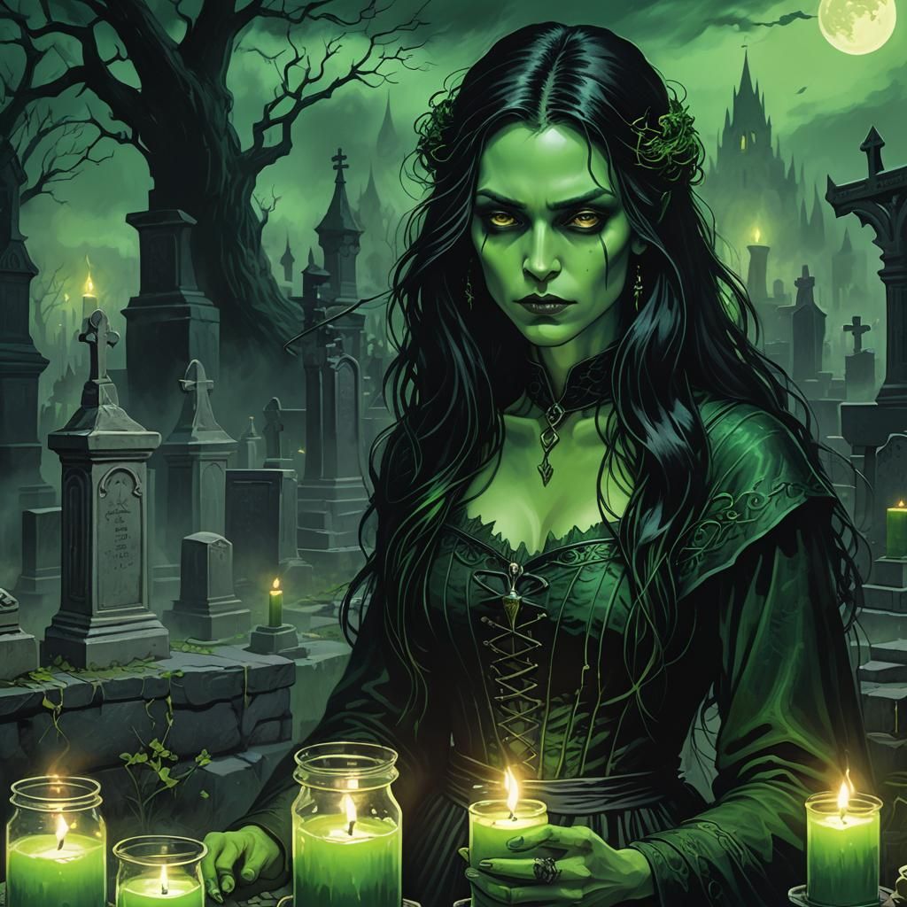 Gothic Vampire Witch Brewing Potions in Dark Fantasy Style