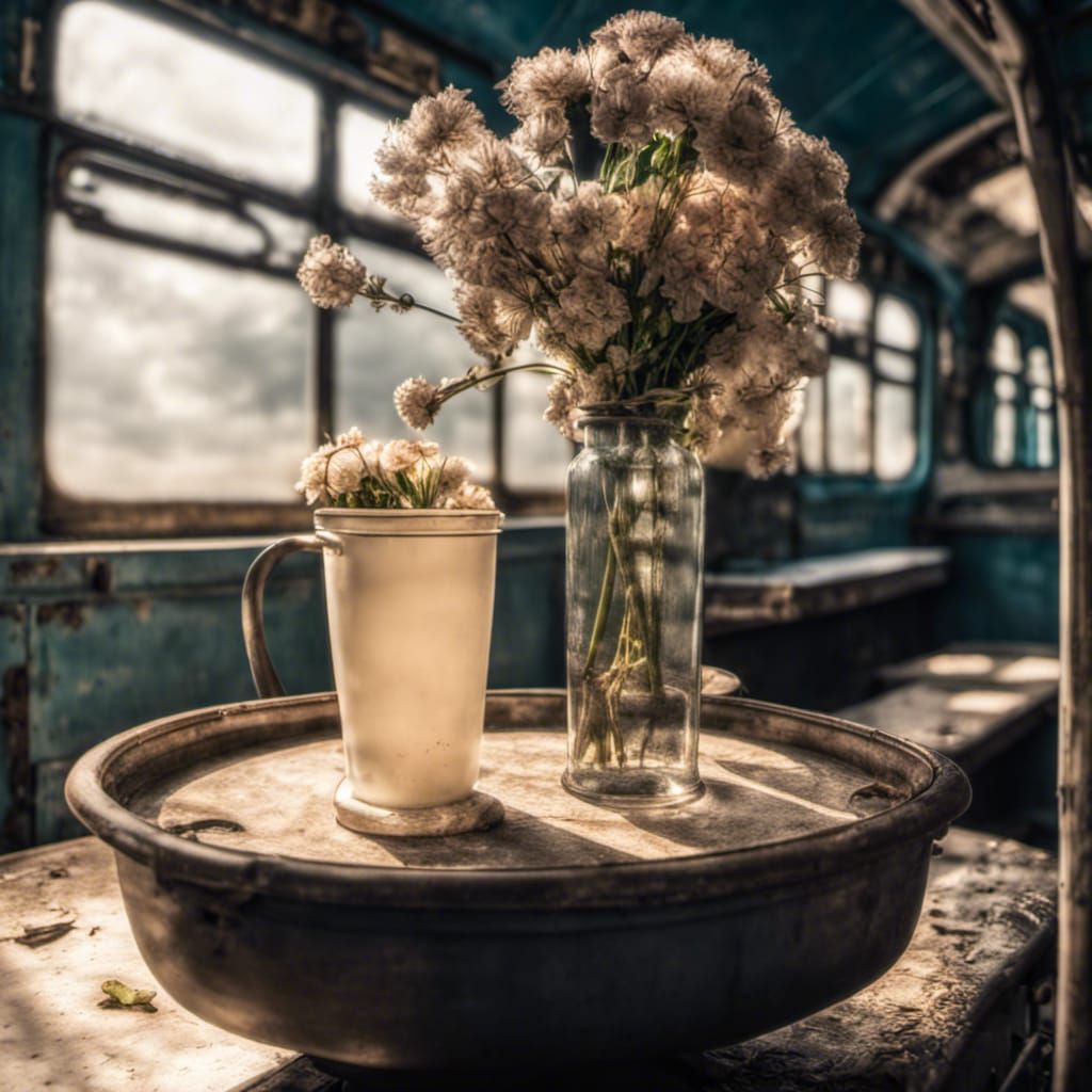 Flower-Filled Train Carriage: Hyperrealistic Abandonment