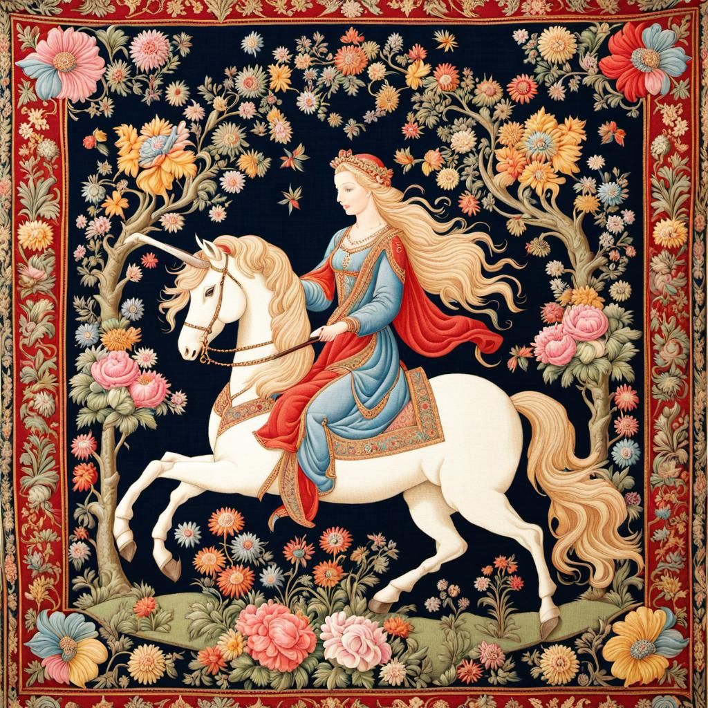 Medieval Tapestry of Lady Riding Unicorn