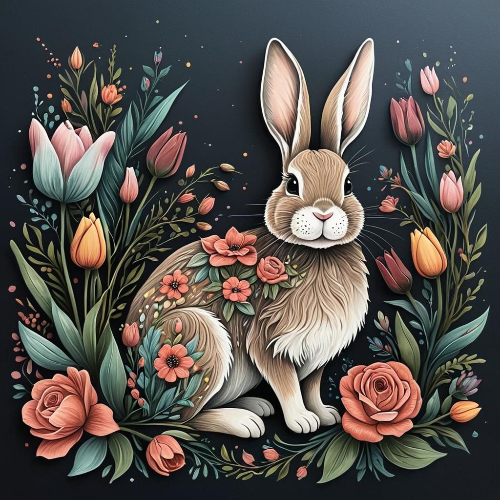 Stylized Pastel Rabbit with Roses and Tulips