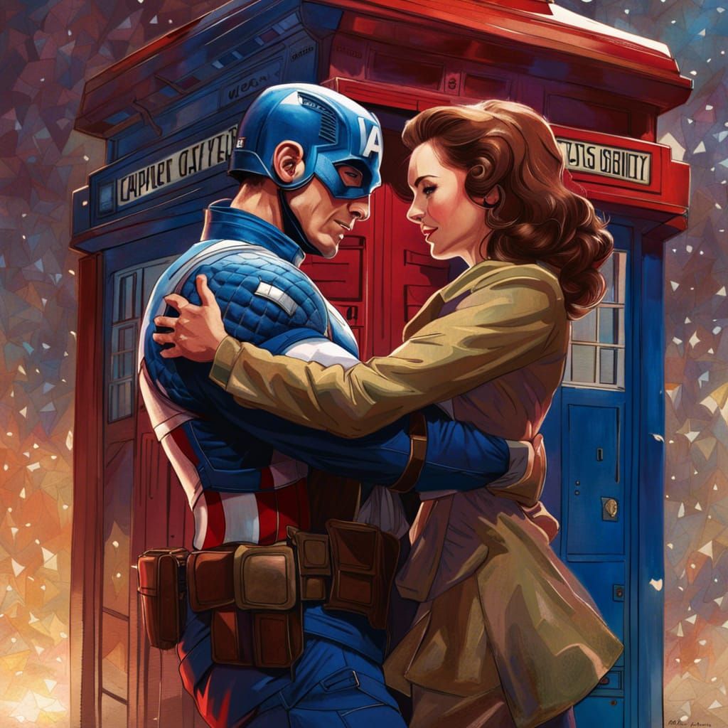 Captain America and Peggy Carter Hug Near Tardis