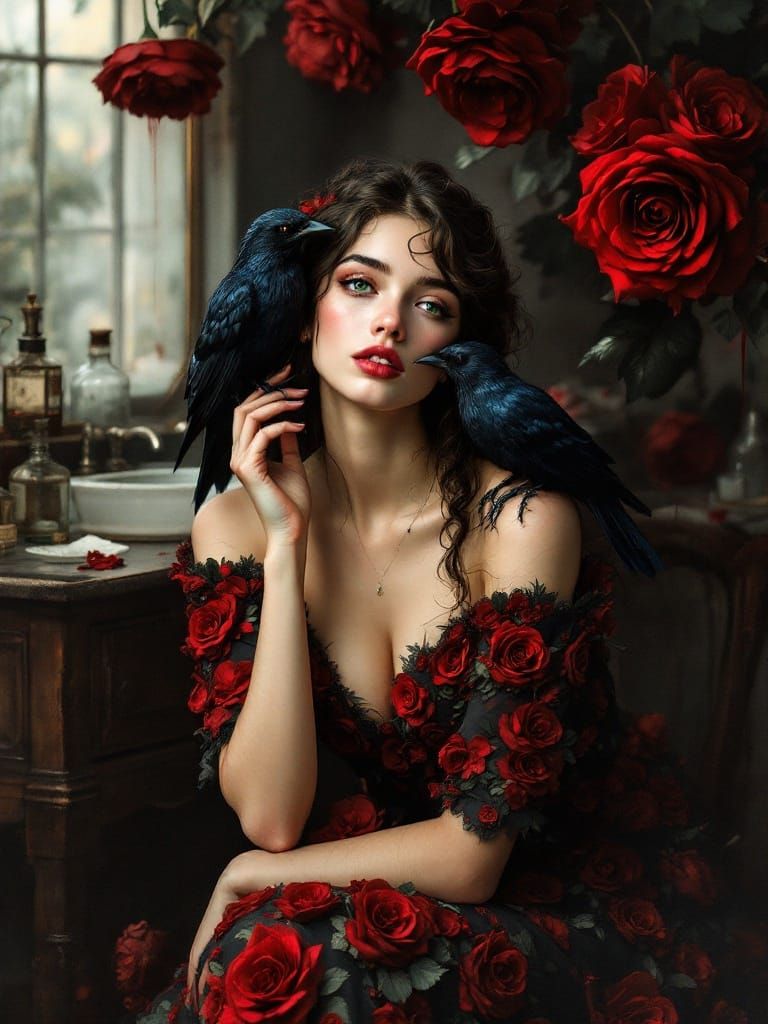 Woman with Roses and Birds in Impressionist Style