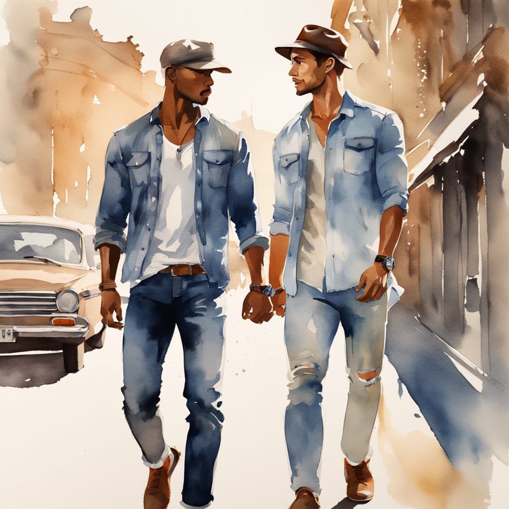 Muscular Men in Denim Walking Together as Watercolor Paintin...