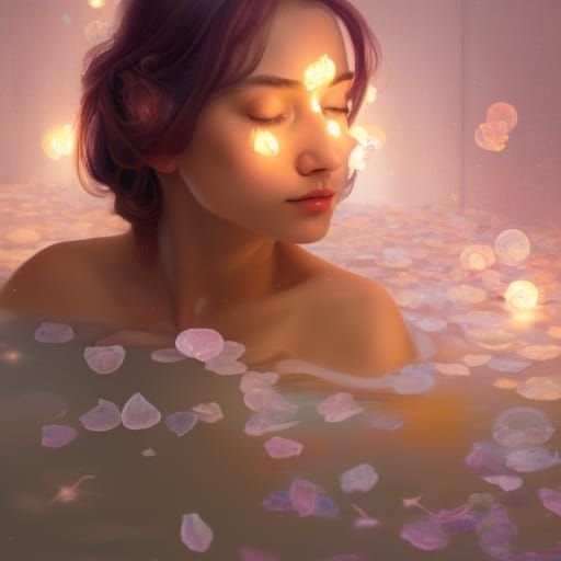 Woman's Relaxing Bubble Bath with Firefly Lights