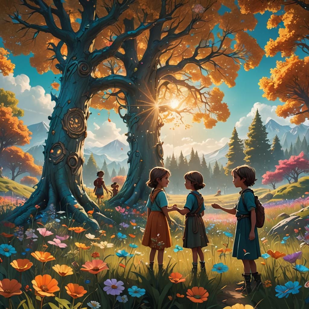 Children Sharing Joy in Sunny Meadow: Fantasy Art