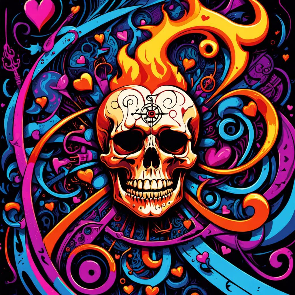Surreal Digital Art: Hearts, Skulls, and Emo Flames