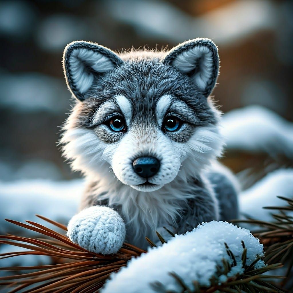 Hyperrealistic Crocheted Wolf Pup in Winter Wonderland