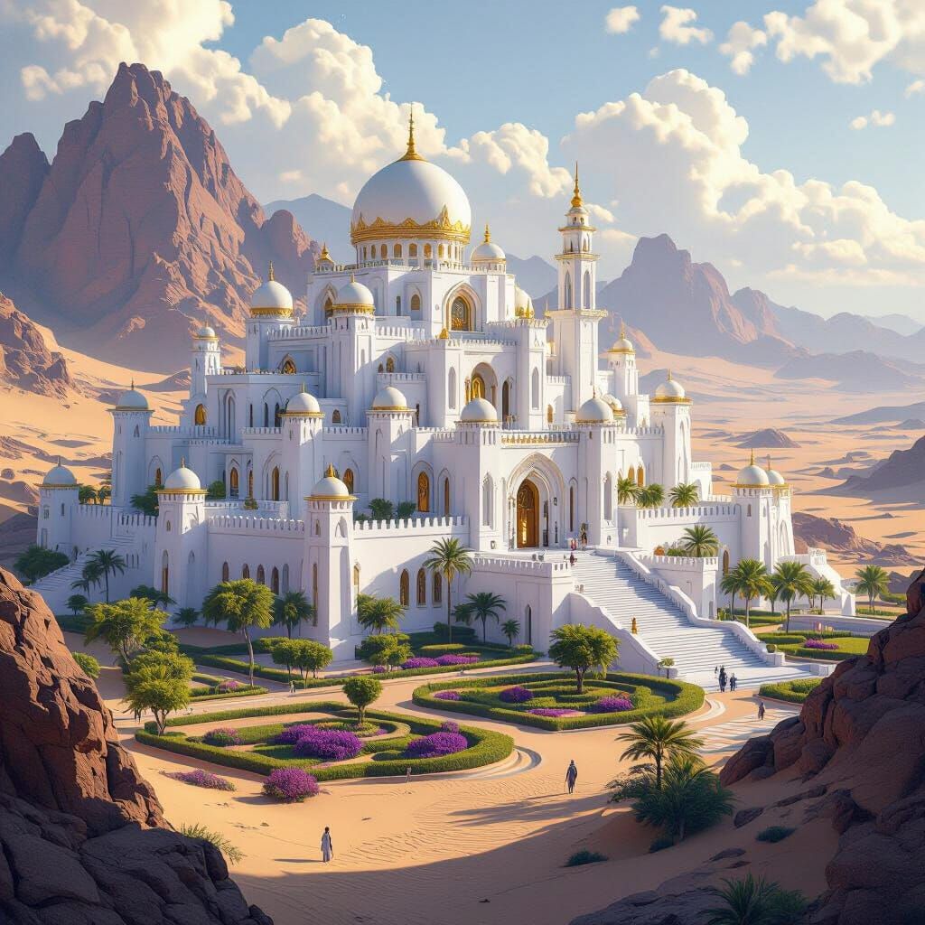 White Citadel Oasis in Barren Land, Dark Fantasy Concept Art
