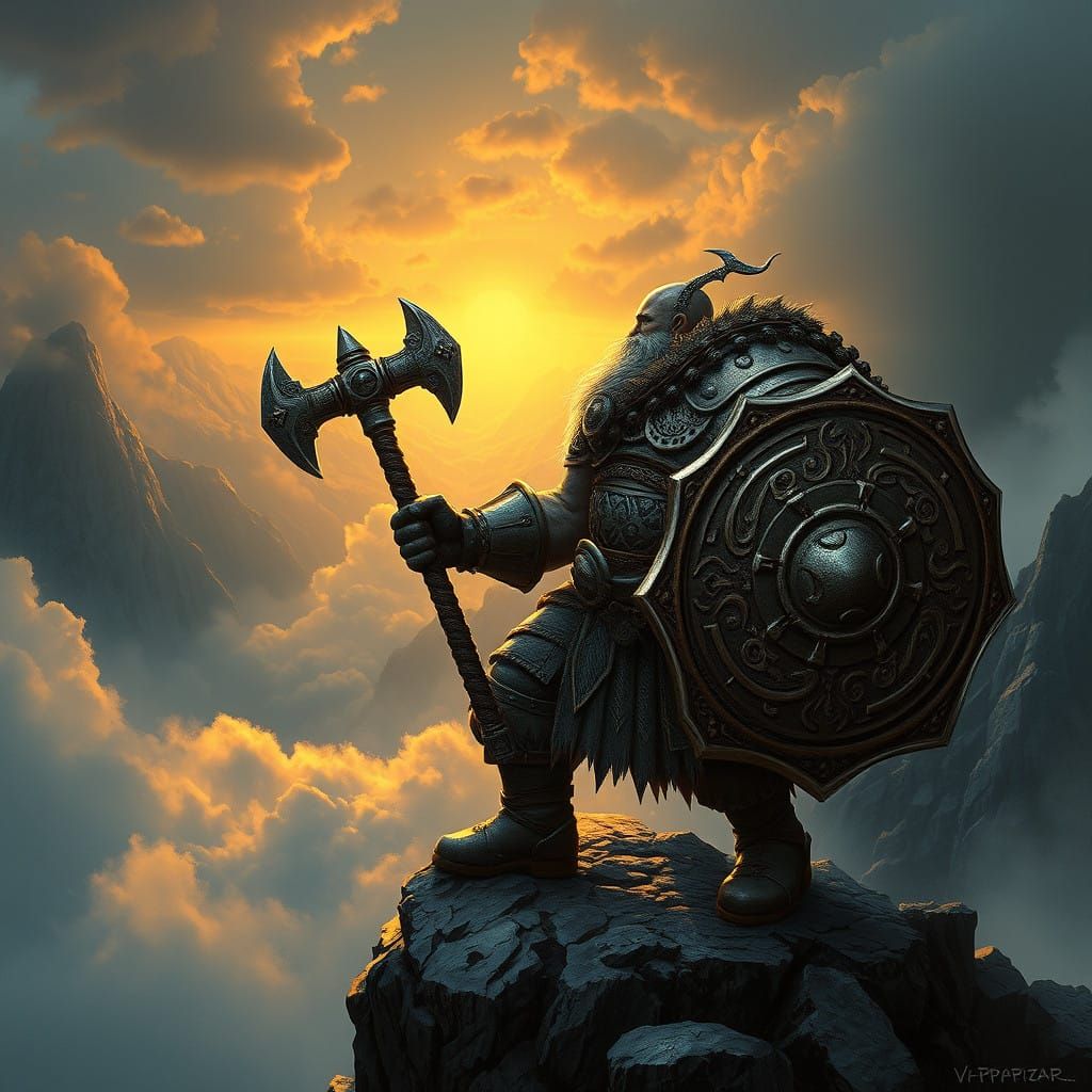 Dwarven Warrior of Moradin in Stormy Fantasy Landscape