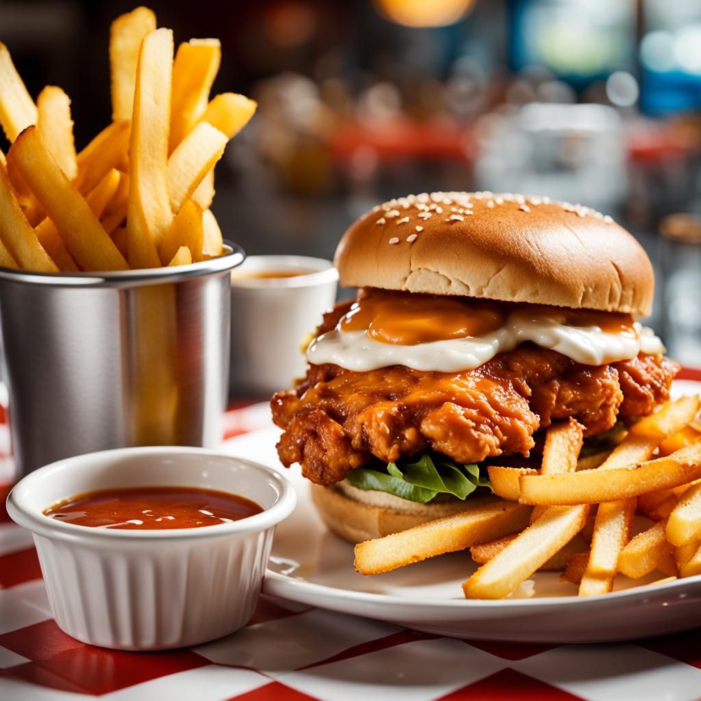 Crisp Nashville chicken sandwich with crispy fries