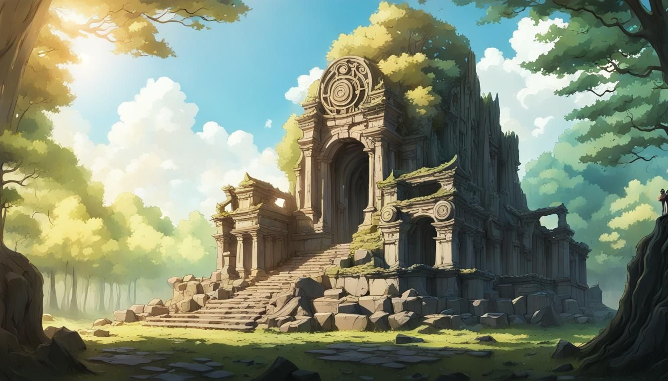 Fairytale Temple Ruins with Sun God Statue in Anime Style