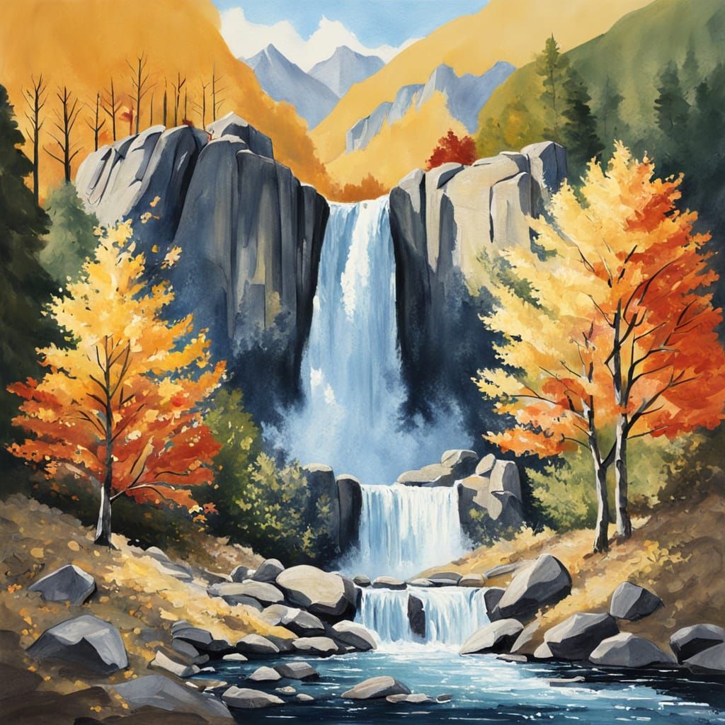 a waterfall in the mountains during autumn 64