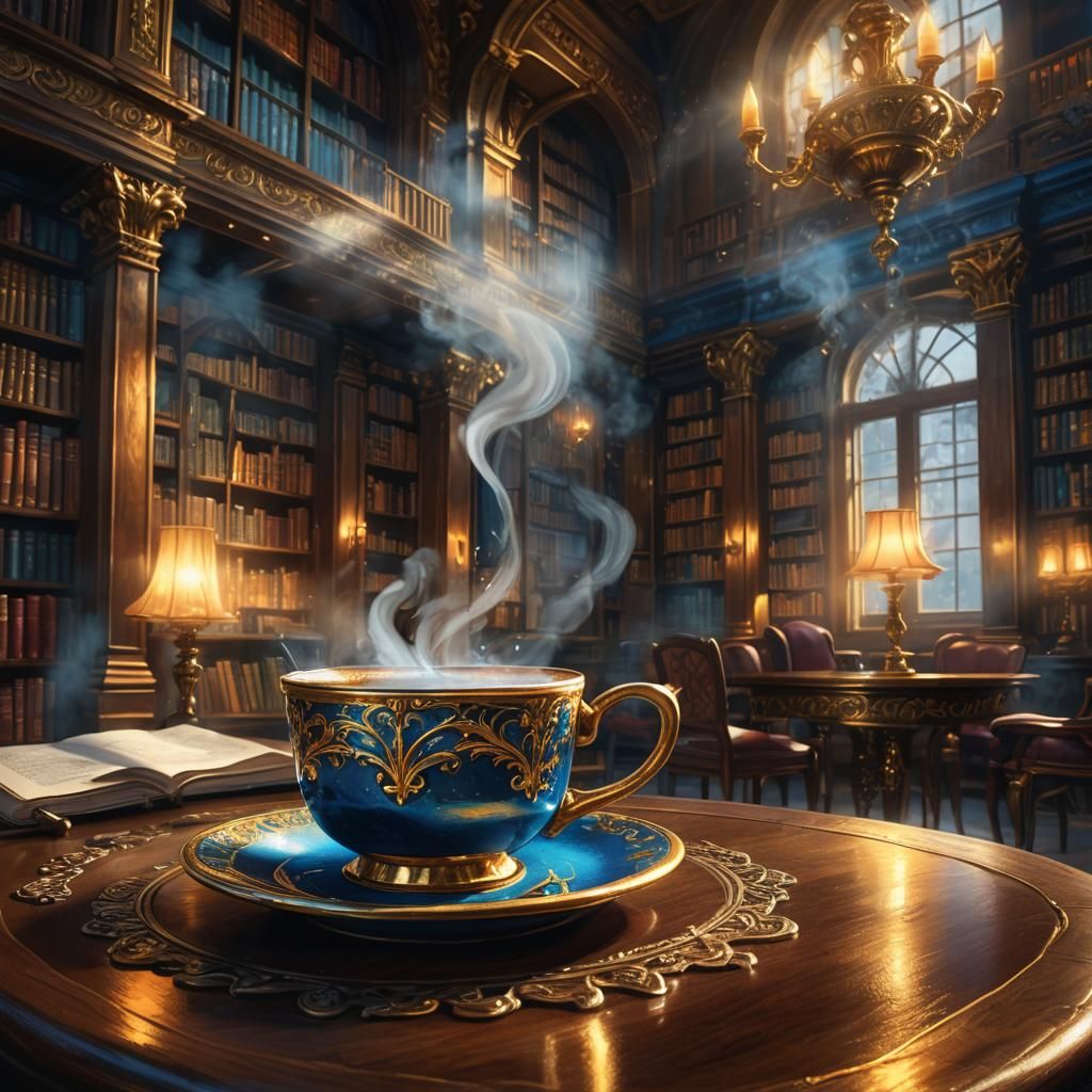 Mystical Coffee Cup in Dimly Lit Library