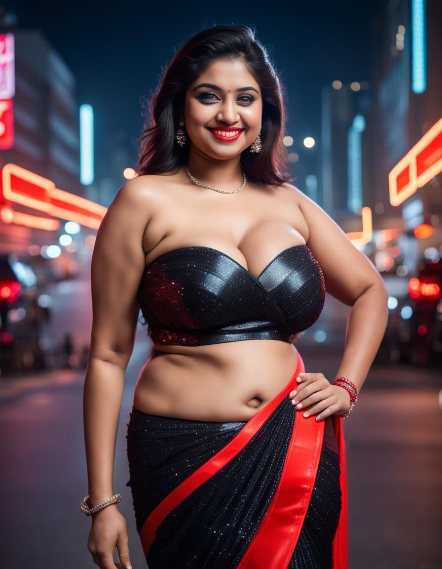 Curvy Woman in Saree in Neon City