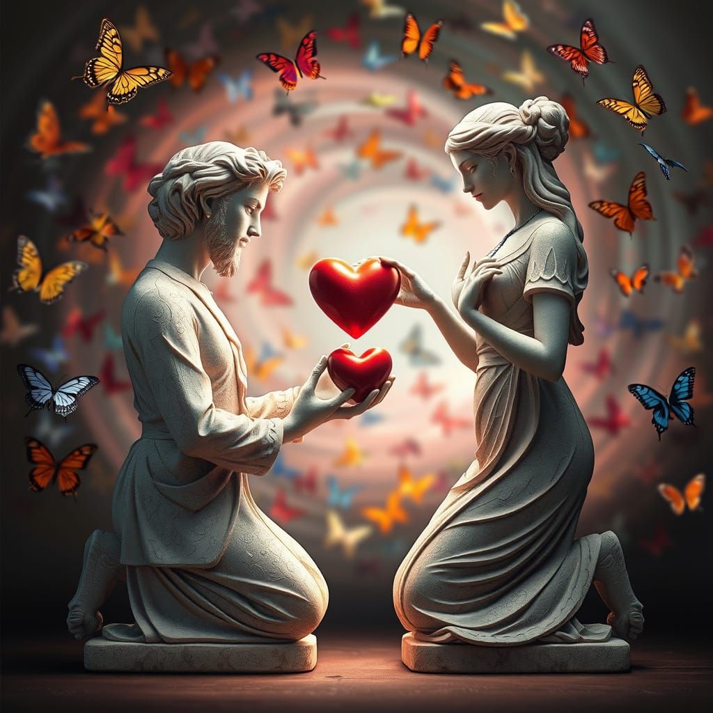Elegant Stone Statues Offer Hearts to Each Other Amidst Whim...