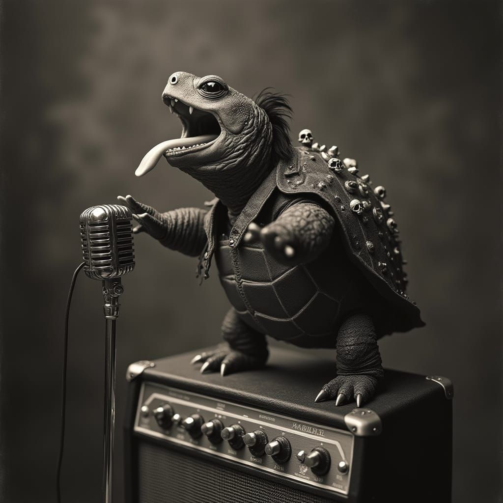 Rockstar Turtle on Stage in Grayscale