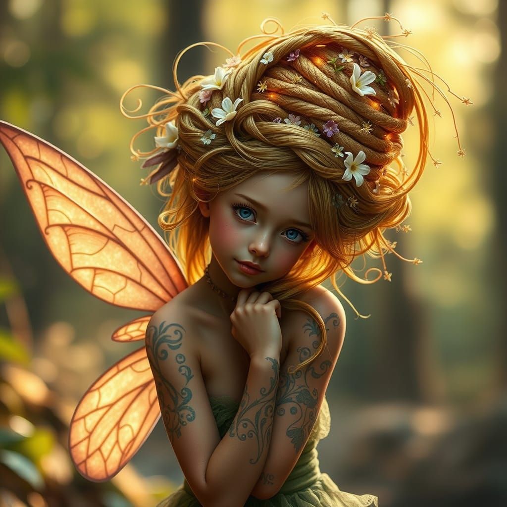 Enchanted Fairy with Whimsical Beehive Hairdo in Sunlit Fore...