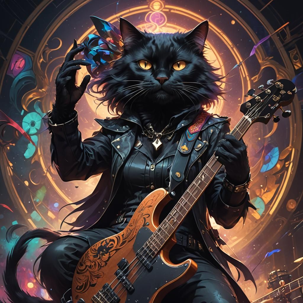 Black Cat Bassist: Hyperdetailed Stage Portrait