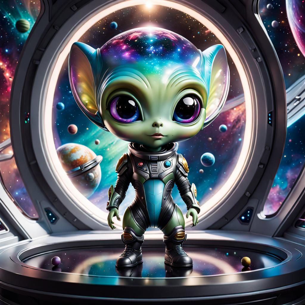 a small cute alien on a spaceship, full body standing in fro...