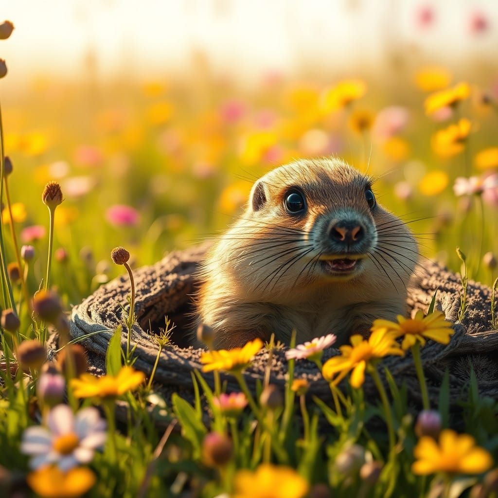 Fantasy Prairie Dog in Sunlit Meadow with Wildflowers