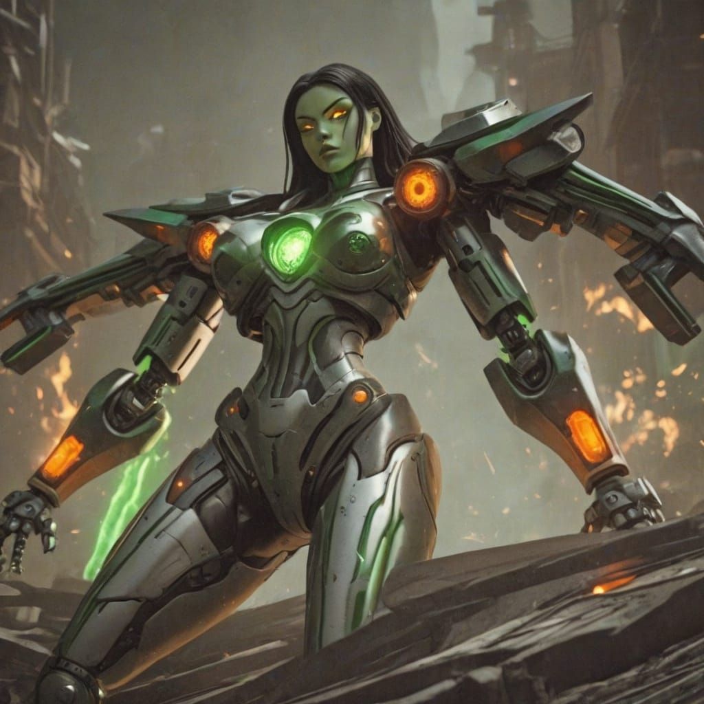 Emerald Mech in Epic Cyberpunk Style