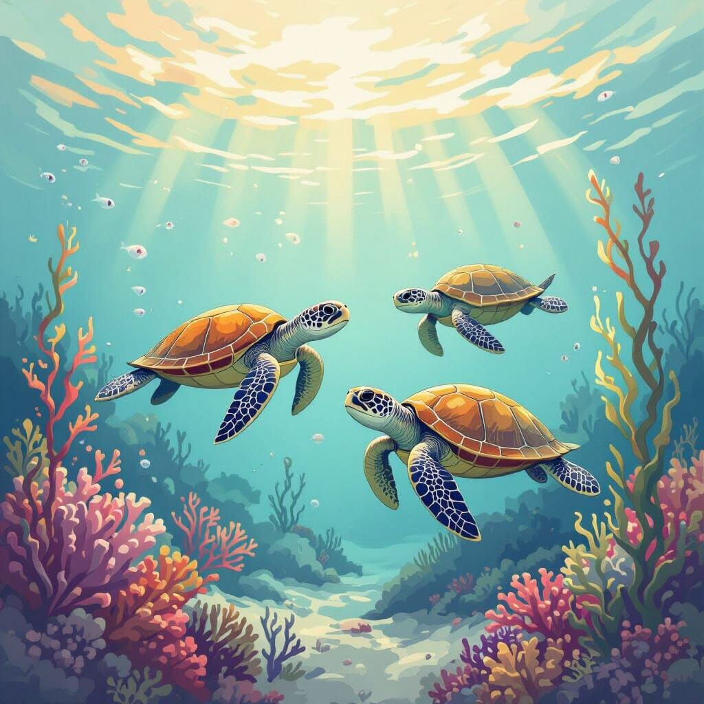 Turtles Swim in Dreamlike Coral Reef