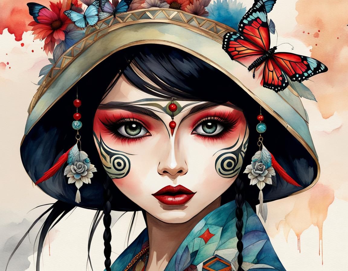 Aztec Bird Woman with Butterflies in Watercolor Style