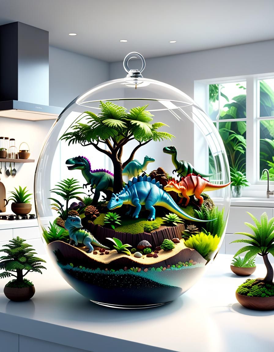 Whimsical Dinosaur Terrarium in a Modern Kitchen Scene