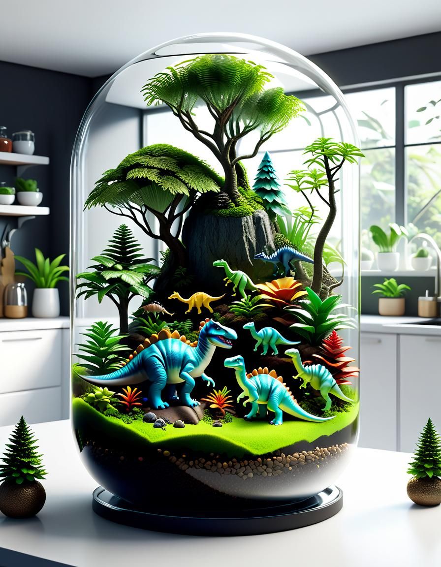 Whimsical Dinosaur Terrarium in a Magical World
