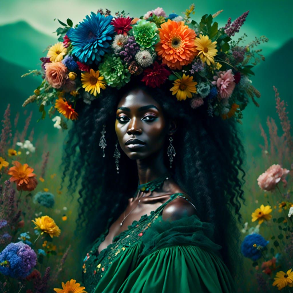 Black Woman with Rainbow Flower Crown Portrait