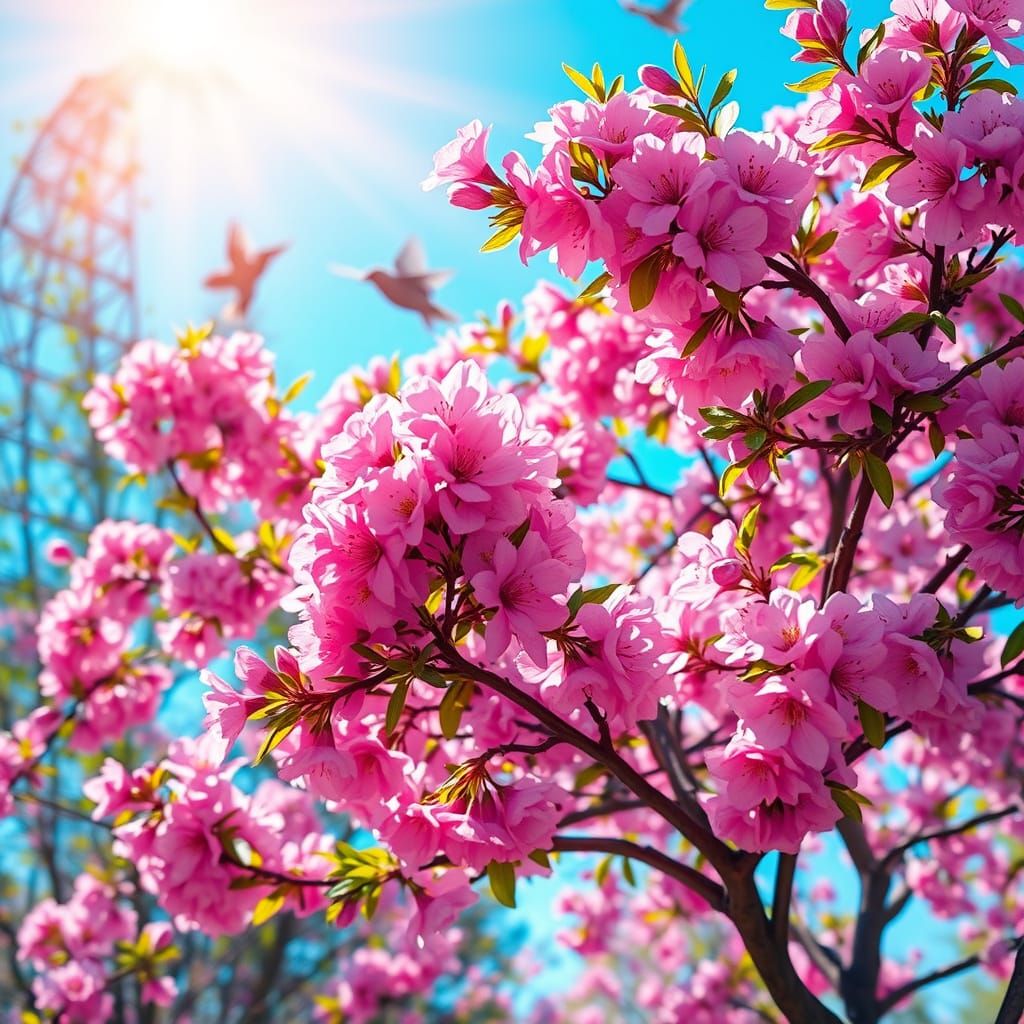 Surreal Holiday Scene with Blooming Almond Tree and Neon Lig...