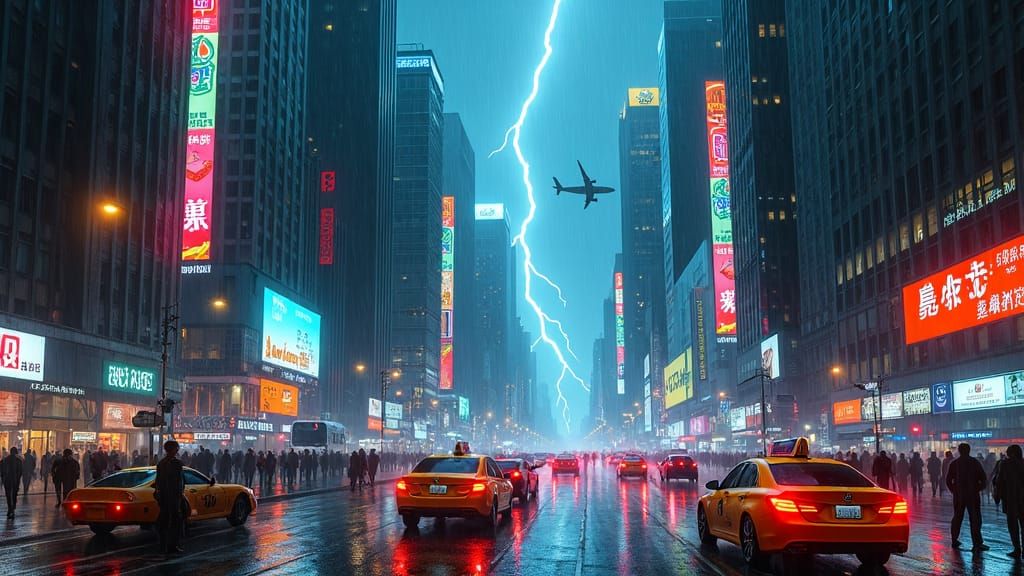 Midnight Metropolis Thunderstorm in a Futuristic Style