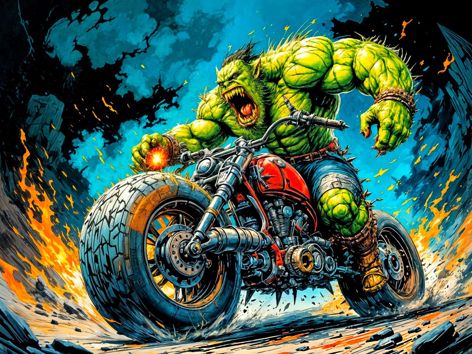 Cyberpunk-Inspired Warhammer 40K Ork Speed Freek in Battle