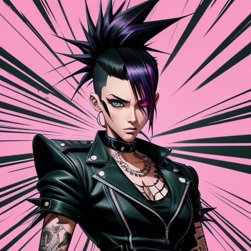 Anime Woman with Punk Mohawk in Neon Colors