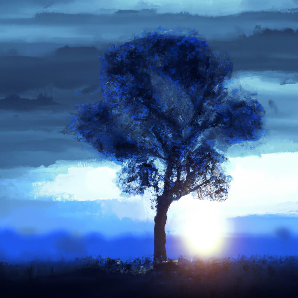 Epic Sunset Behind Blue Tree, Digital Matte Painting