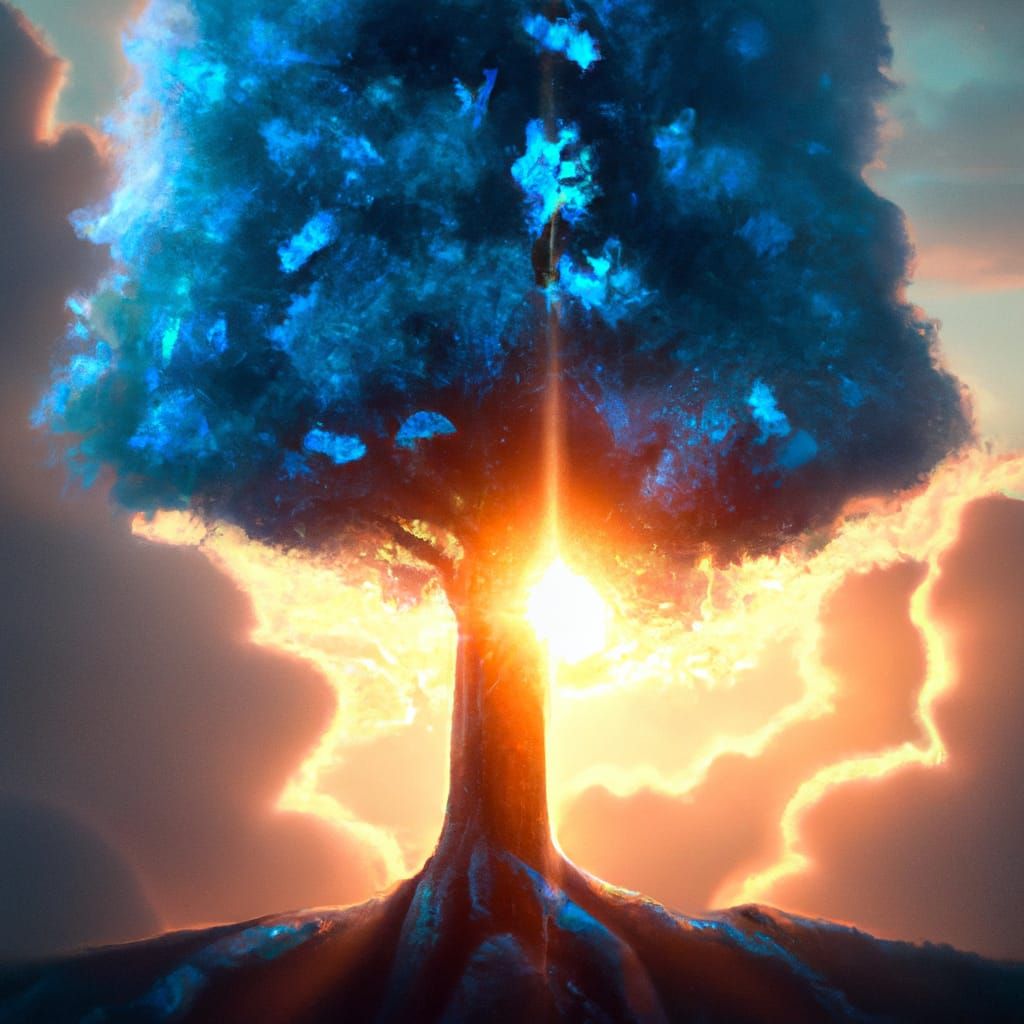 Epic Sunset Behind Blue Tree, Digital Matte Painting