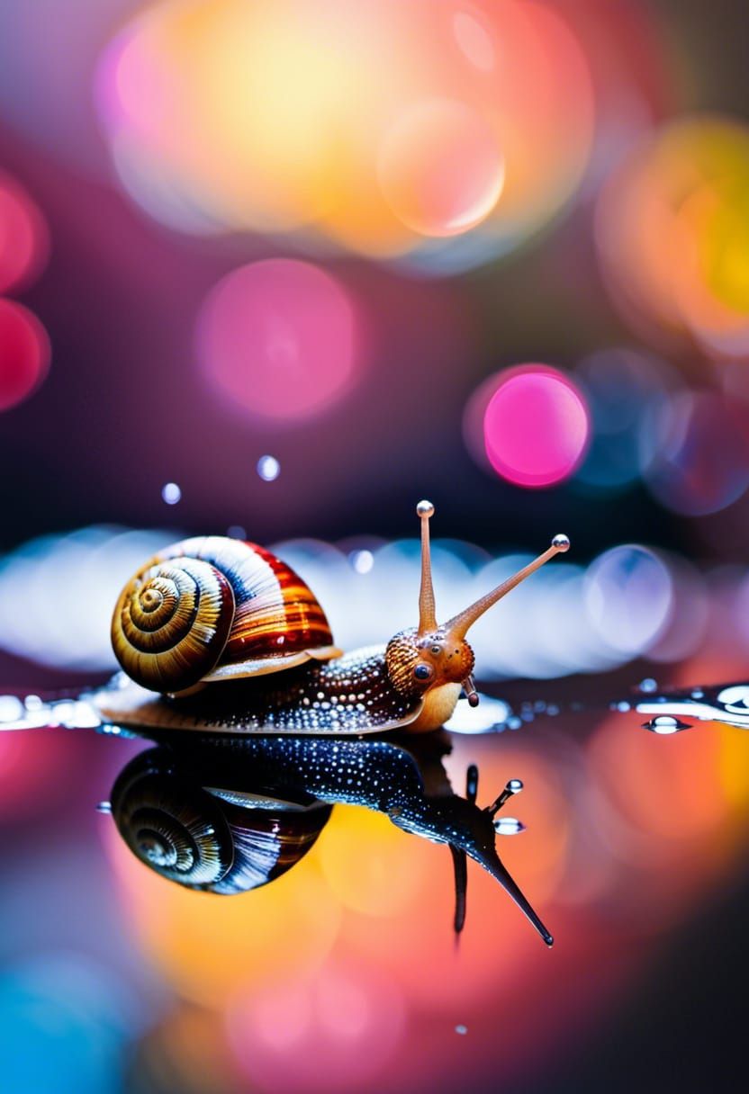Snail Reflection in Dew Drops with Bokeh