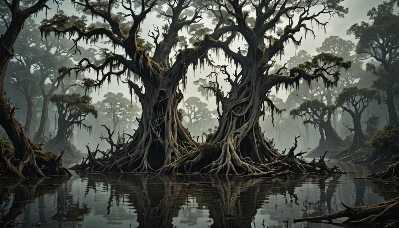 Twisted Tree Rises from Haunted Swamp: Digital Art