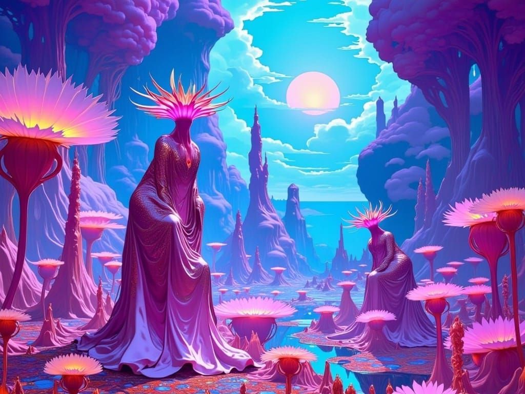 Ethereal Futuristic Landscape with Chrome-Hued Beings