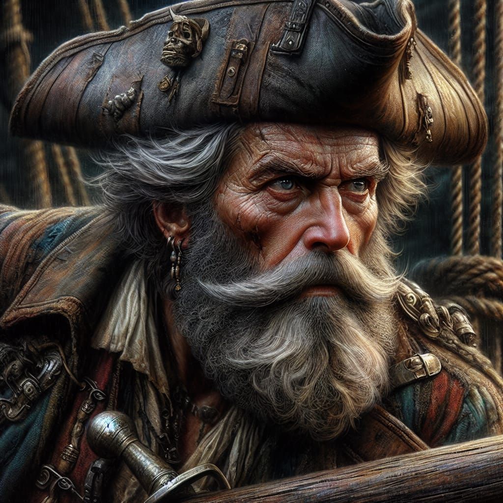 Elderly Pirate Captain Action Scene as Renaissance Oil Paint...