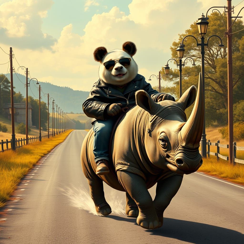 Vintage-Style Panda Cruises Down Country Road on Rhino
