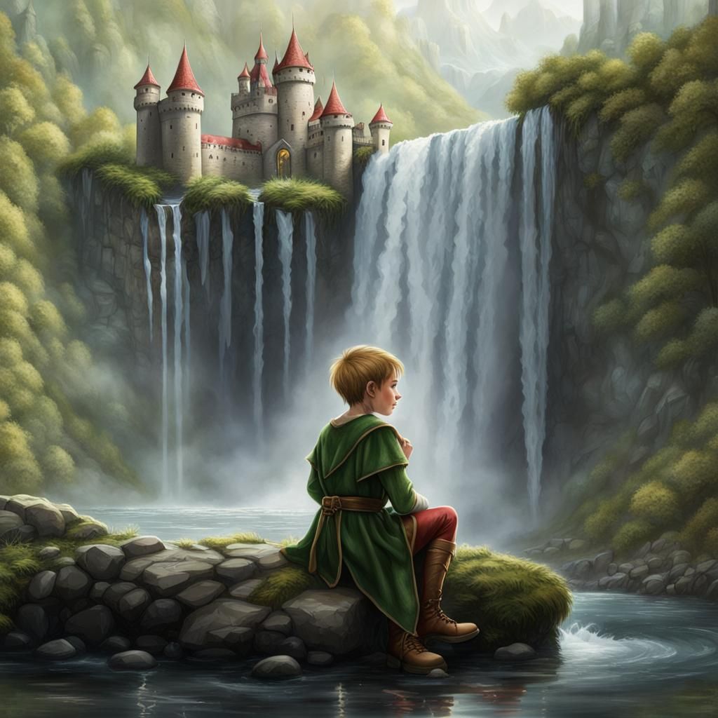 Young Elf by Waterfall with Castle Backdrop