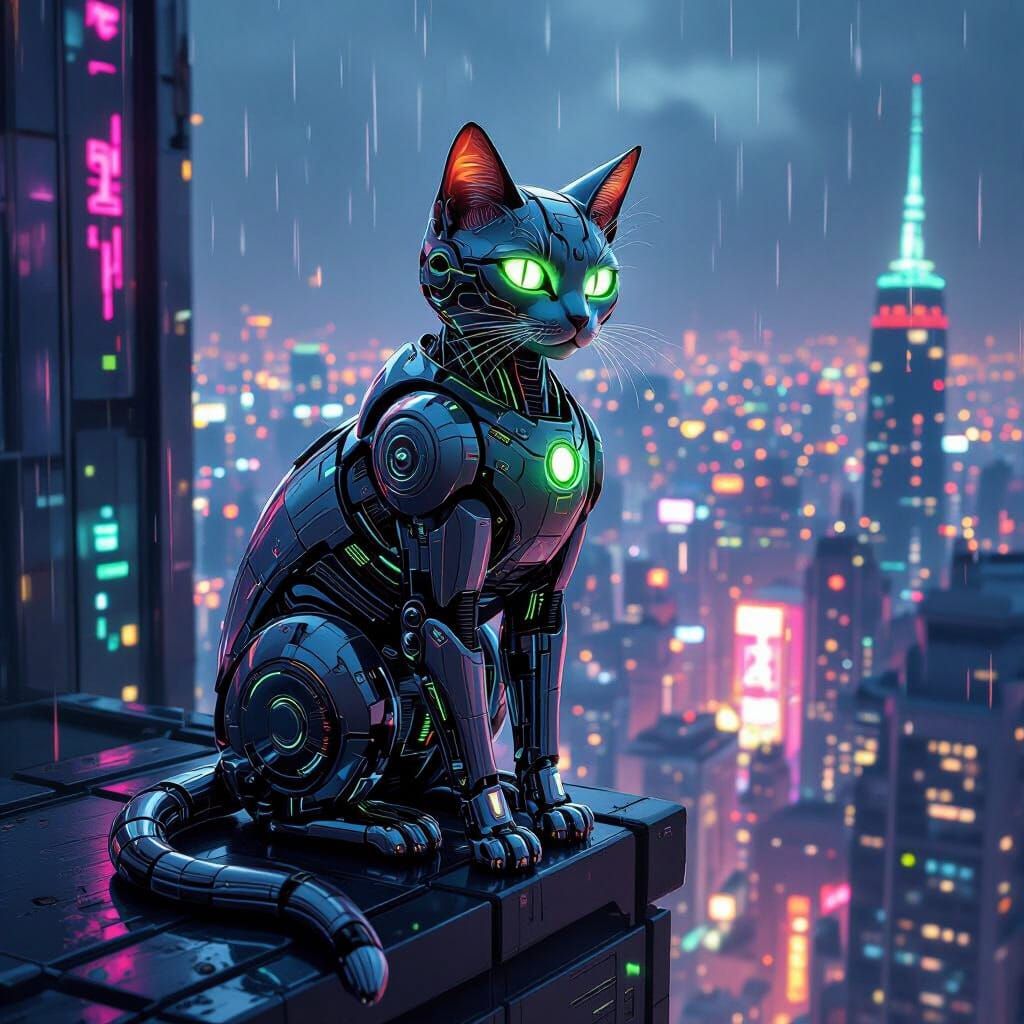 Cyborg Cat Over Neon Cityscape in Cyberpunk Style