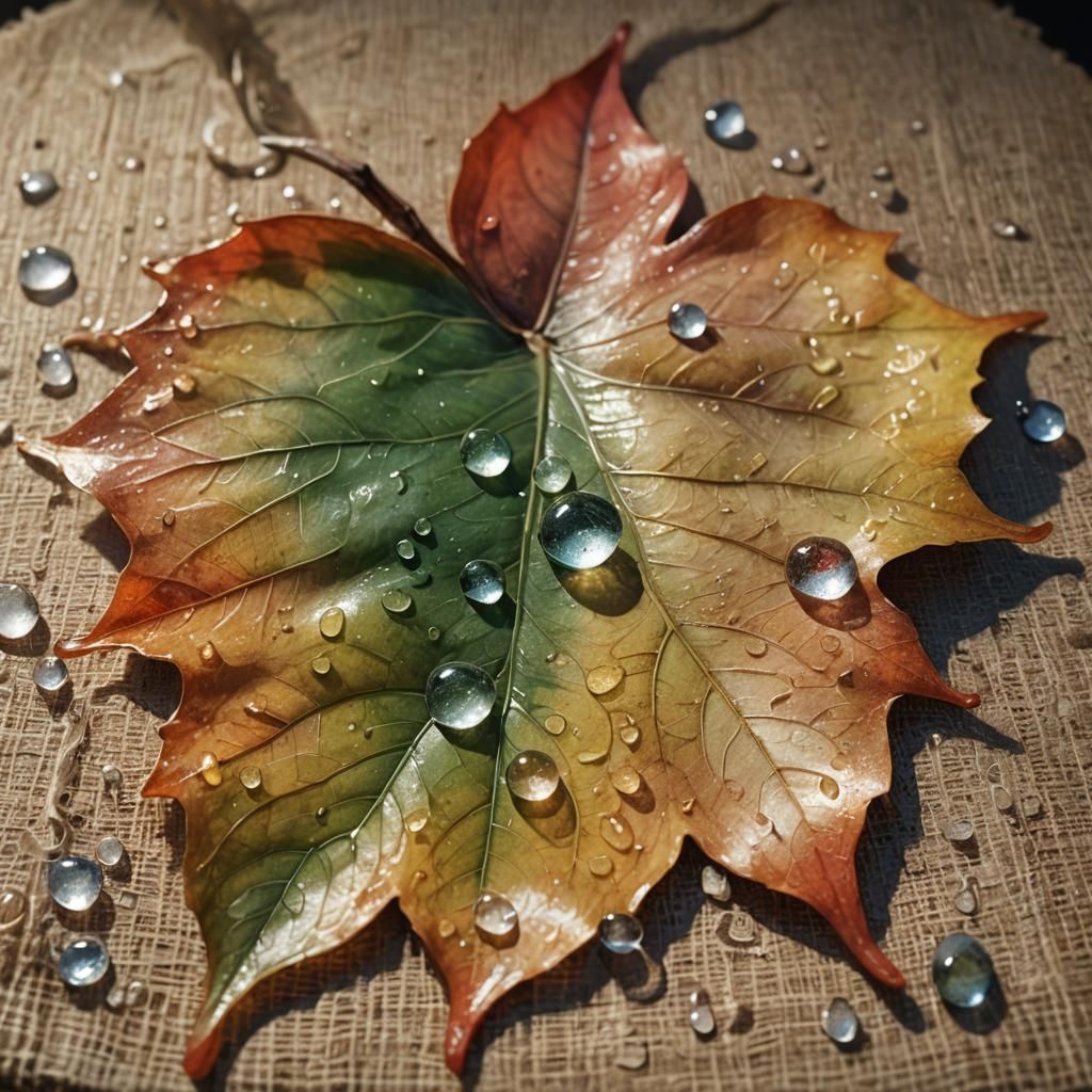 Translucent Leaf Bowl with Dew Droplets, Hyperrealistic Art