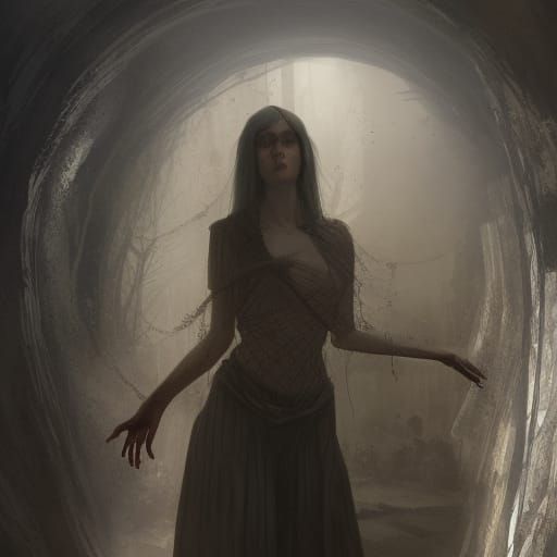 Ethereal Woman in Rundown Hallway: Dark Fantasy Art