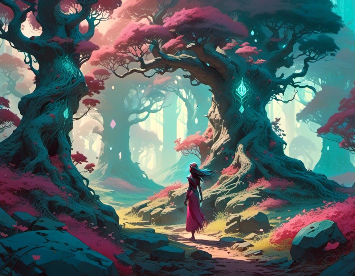 Dryad Girl in Orchards: Ink Wash Art