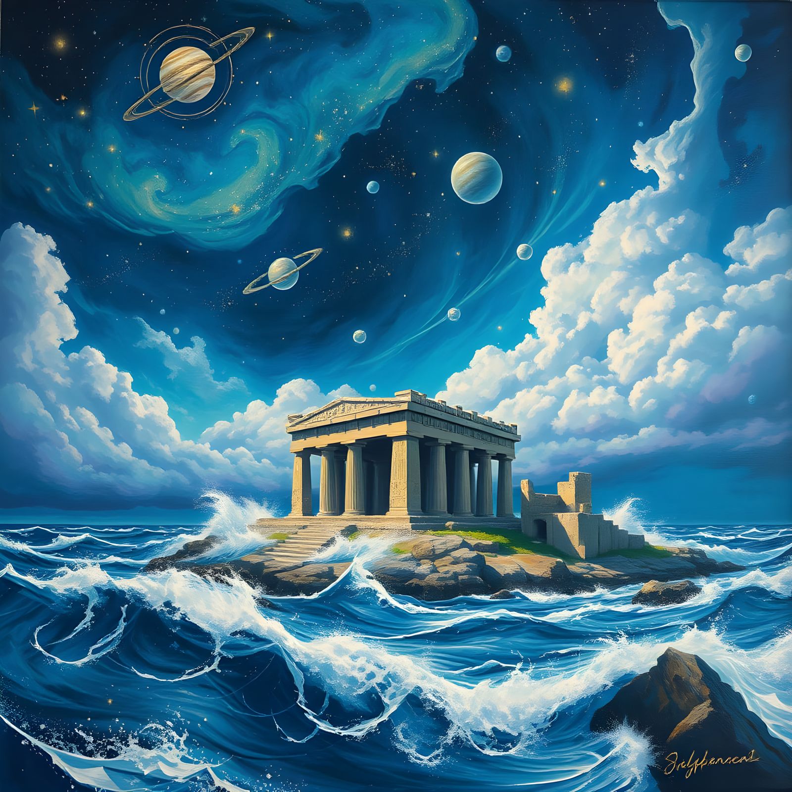 Ancient Temple Rises from Stormy Ocean in Dreamy, Cosmic Art