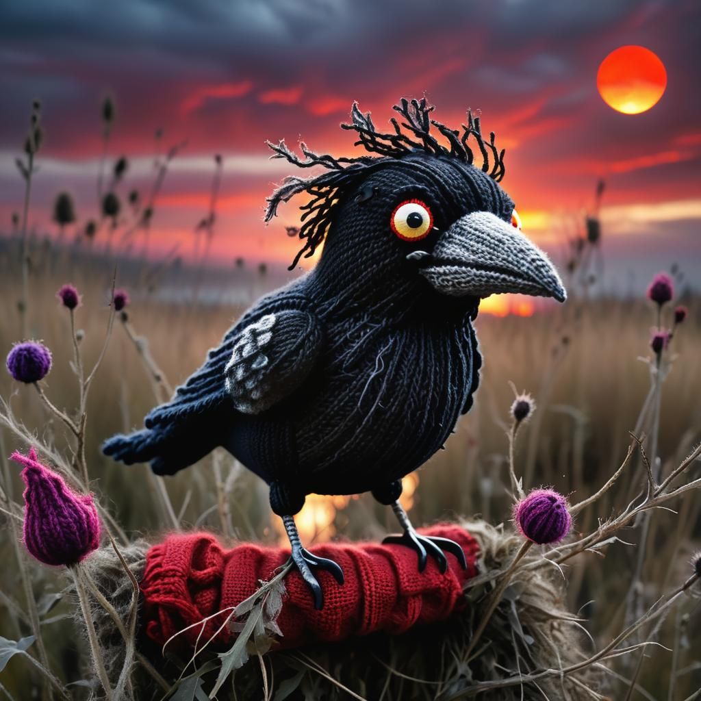 Knitted Wool Crow with Celestial Sky Background